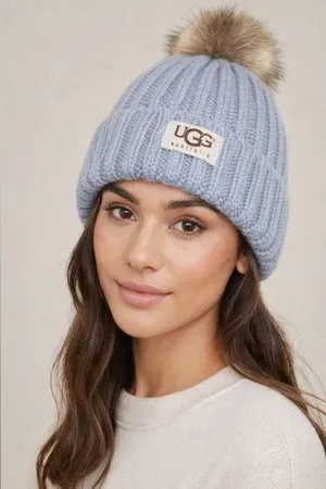 UGG Gray Ribbed Knit Pom Hat with Logo Patch thumbnail 1