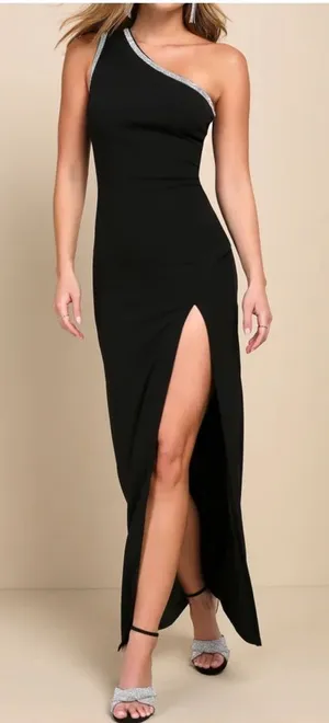 NWT Lulus Glamorous Muse Black Rhinestone One-Shoulder Maxi Dress thumbnail 1