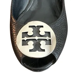 Tory Burch Peep Toe Wedge Pumps Black Leather Silver Logo Size 8 thumbnail 10