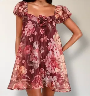 Lulus Red Floral Organza Mini Dress Puff Sleeve Rosette‎ Autumn Wedding Guest thumbnail 1