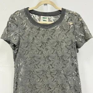 Anthropologie Grey Floral Lace‎ Short Sleeve Tunic Dress Top Medium Sheer Summer thumbnail 3