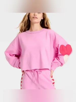 JoyLab Bubblegum Pink Cropped Sweatshirt Red White Heart Sleeve Patches Large L thumbnail 6