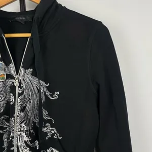 Express Black Y2K 2000s‎ Graphic Print Full Zip Cropped Hoodie Sweater thumbnail 2