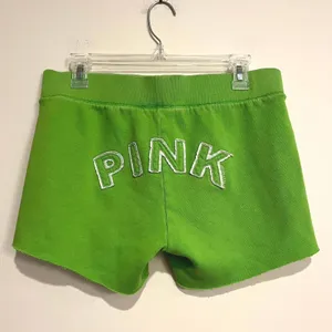 Y2K Victoria's Secret PINK Sweat Shorts Green Logo Cut Off Women Size M thumbnail 2