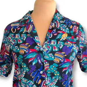 Vintage Colorful Festival Button Up‎ Shirt Southwestern Medium Novelty Print thumbnail 2