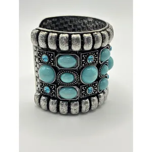 Boho Silver Tone Tuquioise Blue Cabochon Rhinestone Cuff‎ Bracelet Chunky thumbnail 3