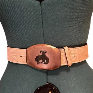 Genuine Leather White Embossed Belt Sz 26 Cowboy Bucking Bronco Buckle Vintage thumbnail 2