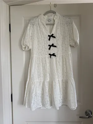 CeCe White Lace Tiered Mini Dress with Black Bow Details thumbnail 2