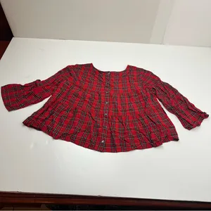 Madewell Red Black Small‎ Tartan Plaid Tiered Button Back Bell Fluted Sleeve Top thumbnail 12