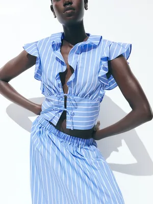 H&M Womens Tie Front Poplin Blouse Blue White Stripe Xl New With Tags thumbnail 1