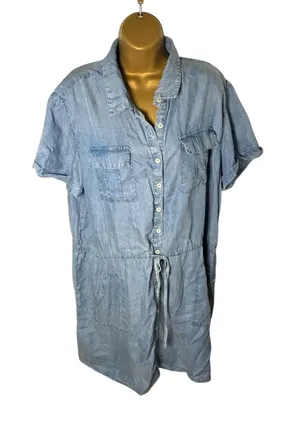 Mikarose Shirt Dress Short Sleeve Drawstring Chambray Blue XL thumbnail 1