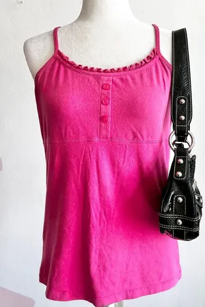 Y2K Pink‎ Lace Trim Babydoll Top, Vintage 2000s Coquette Retro Festival Medium thumbnail 1