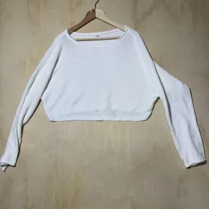 Garage White Cropped Knit Sweater Women's M/L Long Sleeve Boat Neck Cozy Top thumbnail 3