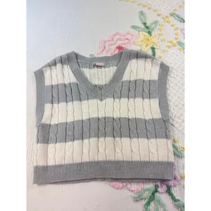 SO Cable Knit Sweater Vest Top - Striped S Gray Cream Cropped Preppy‎ Academia thumbnail 2