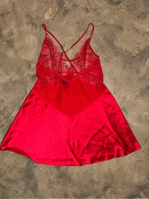 Victoria's Secret Negligee Satin Chemise Nightgown Red Lace Trim Bodice thumbnail 5