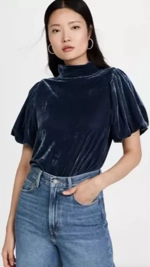 FREE PEOPLE‎ BLUE Claudia Velvet Mock Neck Women's short sleeve bohemian Top XS thumbnail 1