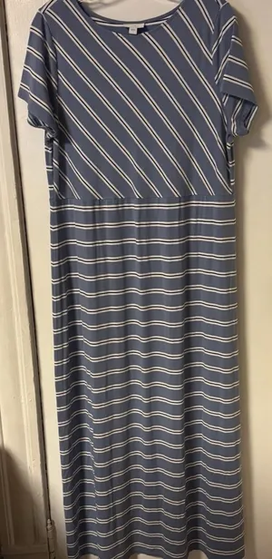 J. Jill‎ Women's Size L Blue Black and White Striped Maxi Dress Short Sleeve thumbnail 1