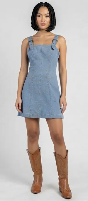 Beivy Women L Blue Denim Overall Jumper Mini Dress thumbnail 1