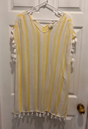 C&C California Women Yellow White Striped Tassel Trim Swim Cover Up Tunic Large thumbnail 1