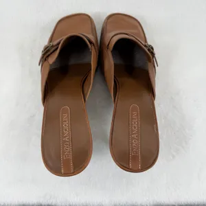 Enzo Angiolini Brown Leather Mules Heels Buckle Detail Square Toe Size‎ 8.5M thumbnail 8