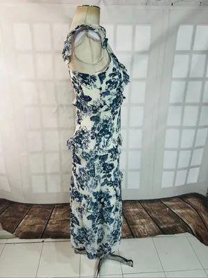 O.P.T Blue White Ingrid Floral Ruffle V-Neck Sleeveless Tiered Midi Dress Sz XS thumbnail 6