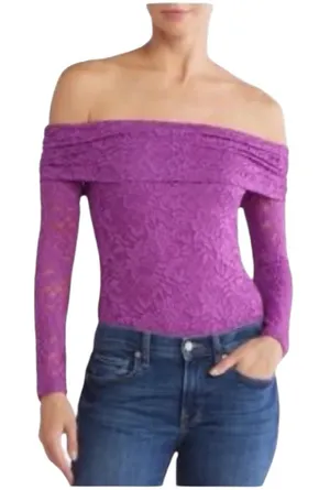 NEW AFRM Nia Off Shoulder Purple Lace Bodysuit thumbnail 1