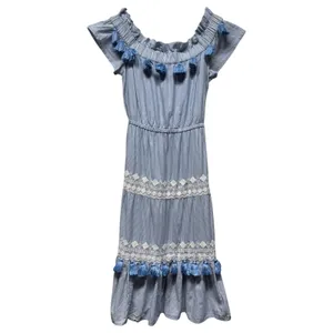 Tularosa Lana‎ Midi Dress Blue Stripe Embroidered Off Shoulder Tiered Tassel thumbnail 2