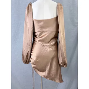 NWT Emory Park Bronze‎ Satin Ruched Mini Dress Square Neck Long Sleeve L thumbnail 5