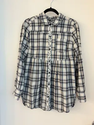 Free People Plaid Western Floral Accent Button Up Tunic Top Boho Preppy Size 12 thumbnail 3