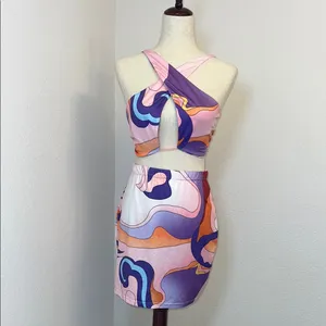 Pink‎ and Purple Mini Pencil Skirt and top Set for Casual Wear thumbnail 2