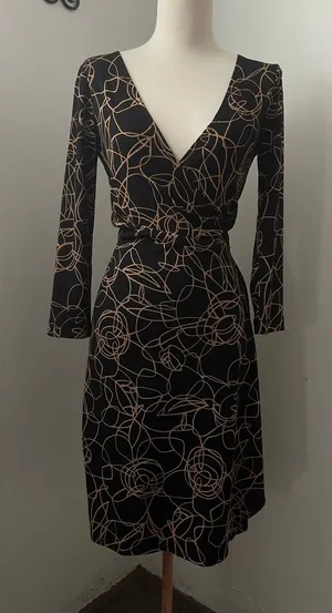 BCBGMaxAzria Black Wrap Midi Dress with Tan Floral Line Print thumbnail 1