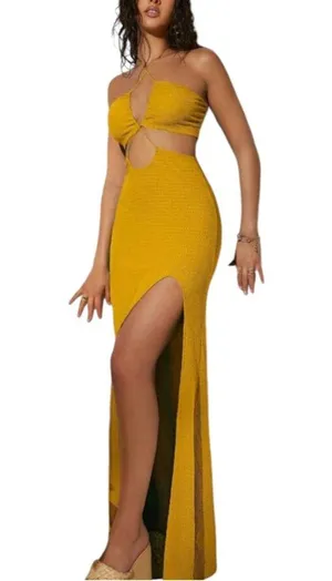 Fashion dress maxi cut out split thigh high halter neck yellow Medium NWT thumbnail 4