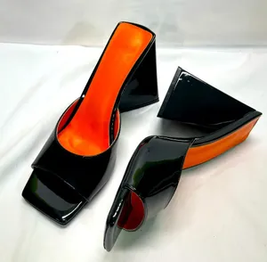 Elegant Black Patent Leather Heels Women 8.5 W/Triangle‎ Chunky Heel Slip On thumbnail 1