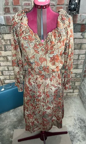 shirtwaist dress 1980s sheer ruffle collar sz 14 rust tan thumbnail 1