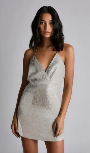 New Lulu's Hilaria Silver Sequin Bodycon Mini Halter Dress Faux Wrap Hem Small thumbnail 1