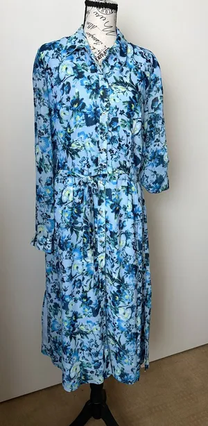 Tahari Light Blue Floral Button-Front Long Sleeve Midi Dress thumbnail 1
