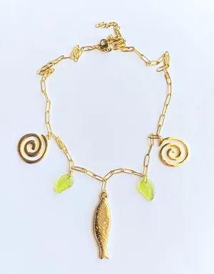 Handmade gold tone fully gold tone stainless steel fish & swirl boho funky chic necklace🌀🐟 thumbnail 3