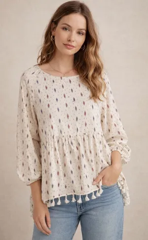 Anthropologie Eri + Ali Fringe Tassel Cream South Western Top Women's Size S thumbnail 1