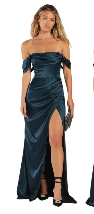 Lulus Stunning Arrival Dark Teal Satin Off-The-Shoulder Maxi Dress size M EUC thumbnail 1