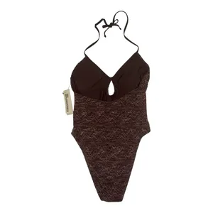 No Boundaries Brown Lace Halter One-Piece Cheeky Swimsuit Size S (4-6) NWT thumbnail 2
