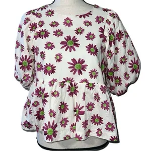 &MERCI medium ivory Hey Girl Flower Bubble Sleeve Top In White purple flowers thumbnail 11