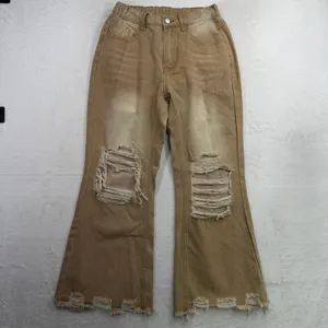 Boho S Jeans Flare Distressed Tan High Rise Raw Hem Shredded Knee Streetwear thumbnail 2