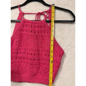 Hot Pink Crochet Knit Halter Top Womens Small‎ Boho Pointelle Crop Tank Tie Back thumbnail 2