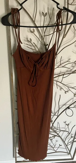 Brown tie up strap maxi dress thumbnail 1