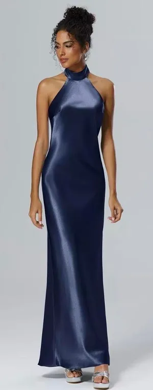 AW BRIDAL Navy blue satin halter neck naxi dress. thumbnail 1