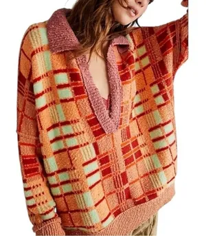 Free People Ruben Oversized Textured Plaid Collared Sweater‎ Boho Pullover M thumbnail 1