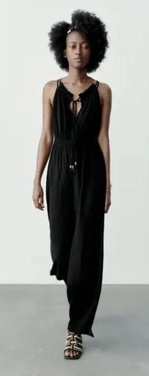 Zara Womens size Medium Crinkle Crepe Jumpsuit Beads Boho Beachy Feminine Black thumbnail 1