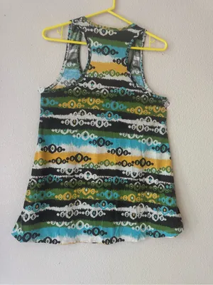 Sleeveless Striped Pattern Swing Tank Top - Teal, Yellow, Green thumbnail 2