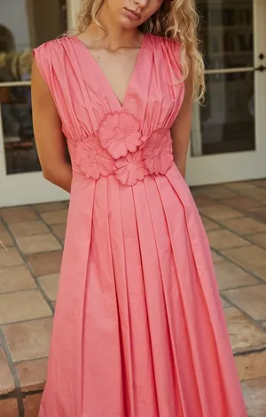 NWT Lucy Paris 💯% Cotton Ilona Coral Floral Midi Dress ~ Size Medium 🌺 thumbnail 1