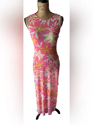 Derek Heart Pink Tropical Floral Swim Cover Up Dress Sz Small Side Tie Slits thumbnail 9